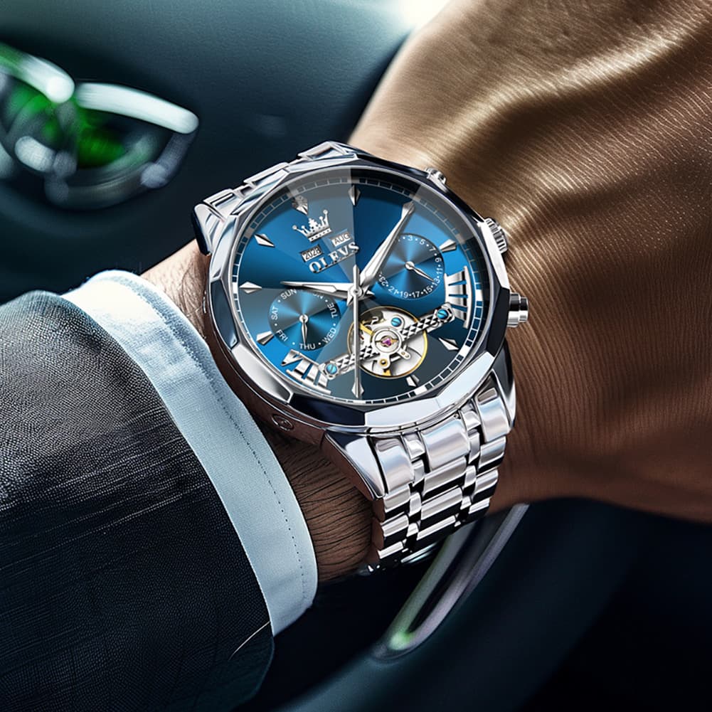 OLEVS 6619 Skeleton Mechanical Watch for Men - Silver White Watch | Olevs Watch Store