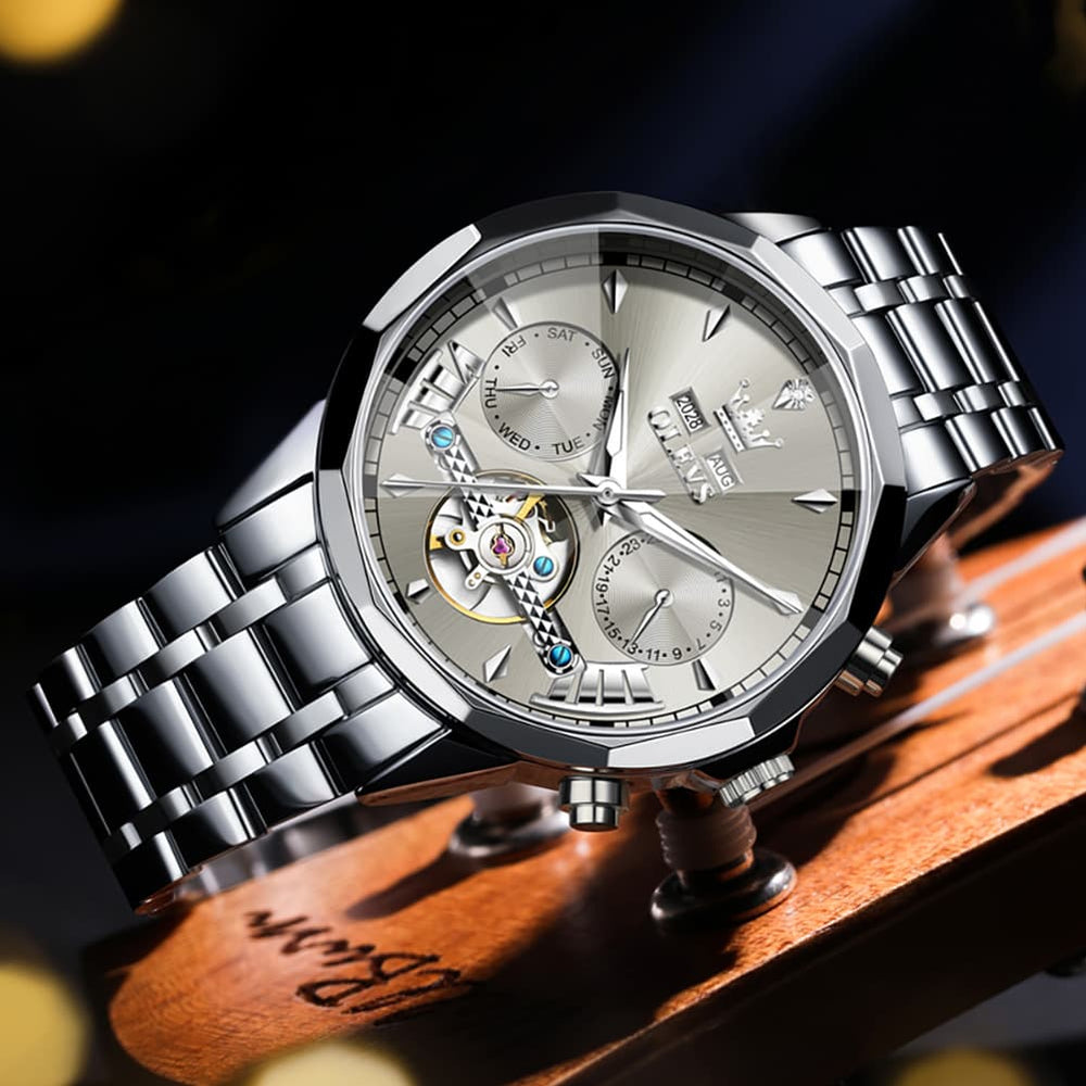 OLEVS 6619 Skeleton Mechanical Watch for Men - Silver White Watch | Olevs Watch Store