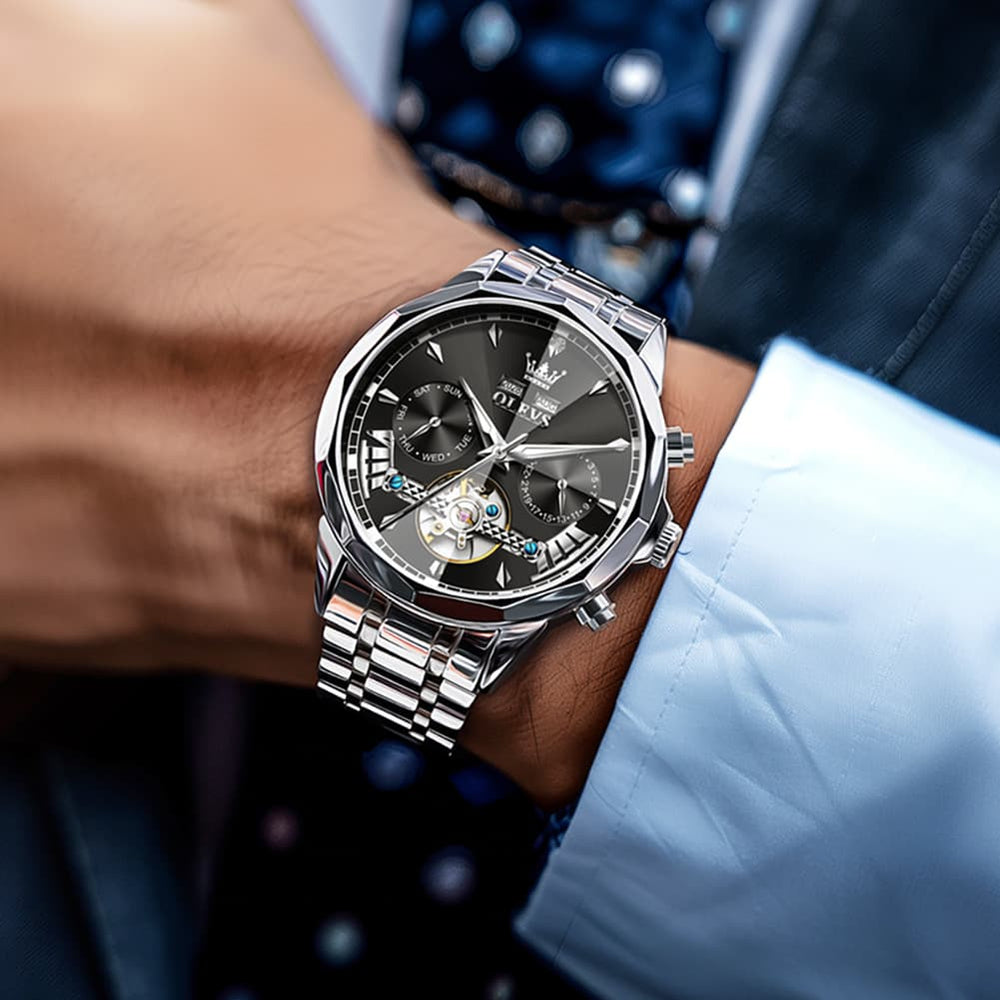 OLEVS 6619 Skeleton Mechanical Watch for Men - Silver White Watch | Olevs Watch Store