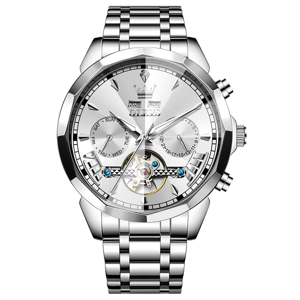 OLEVS 6619 Skeleton Mechanical Watch for Men - Silver White Watch | Olevs Watch Store