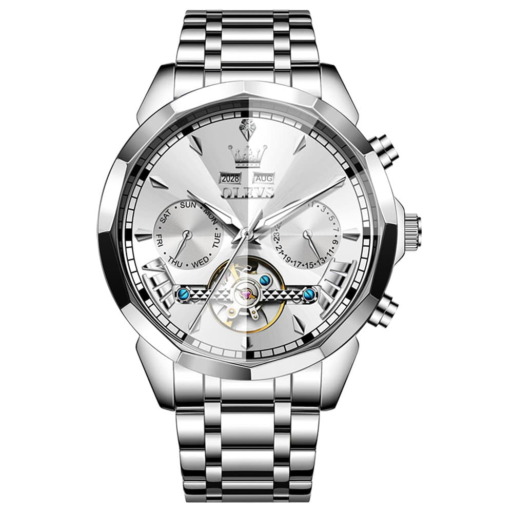 OLEVS 6619 Skeleton Mechanical Watch for Men - Silver White Watch | Olevs Watch Store