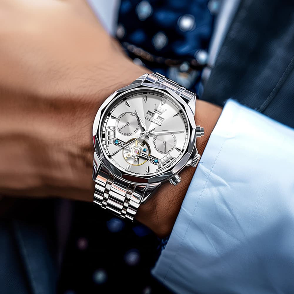 OLEVS 6619 Skeleton Mechanical Watch for Men - Silver White Watch | Olevs Watch Store