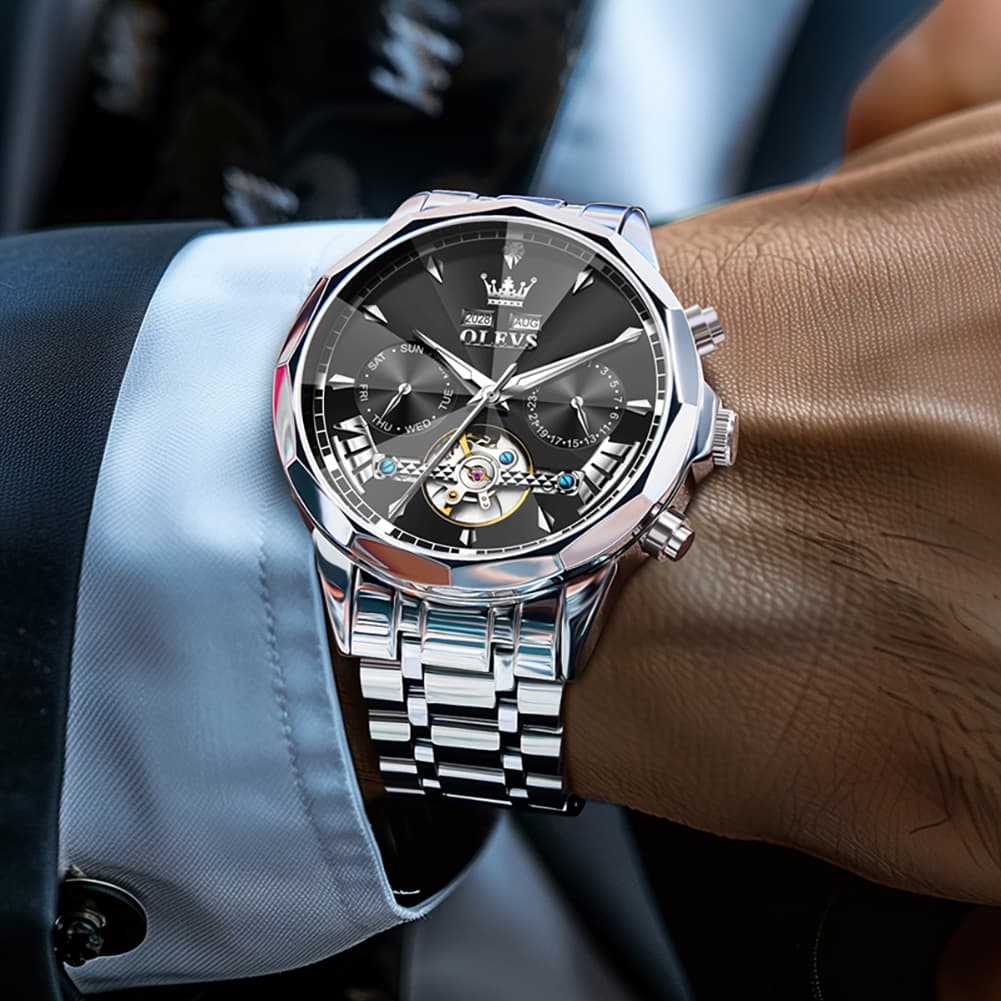 OLEVS 6619 Skeleton Mechanical Watch for Men - Silver White Watch | Olevs Watch Store