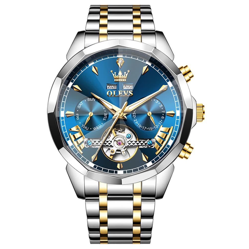OLEVS 6619 Skeleton Mechanical Watch for Men - Two Tone Blue Watch | Olevs Watch Store