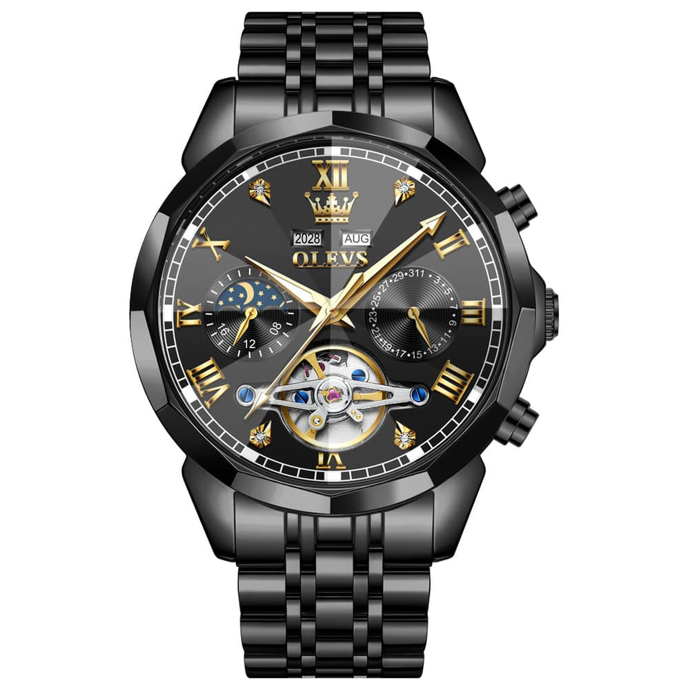 OLEVS 6620 Skeleton Moon Phase Mechanical Watch for Men - All Black Watch | Olevs Watch Store