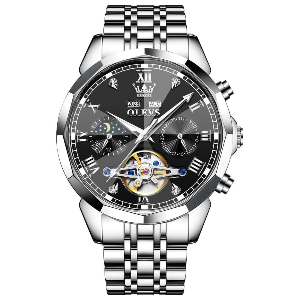 OLEVS 6620 Skeleton Moon Phase Mechanical Watch for Men - Silver Black Watch | Olevs Watch Store