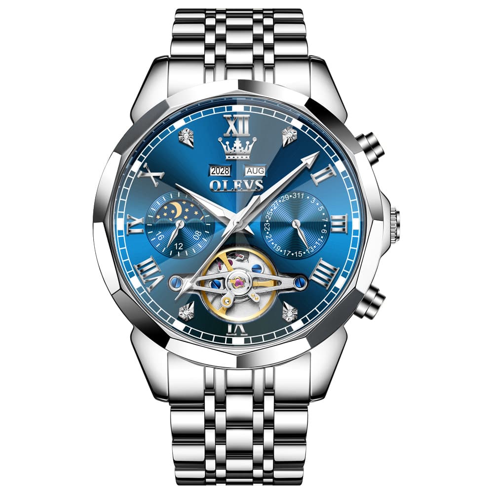 OLEVS 6620 Skeleton Moon Phase Mechanical Watch for Men - Silver Blue Watch | Olevs Watch Store