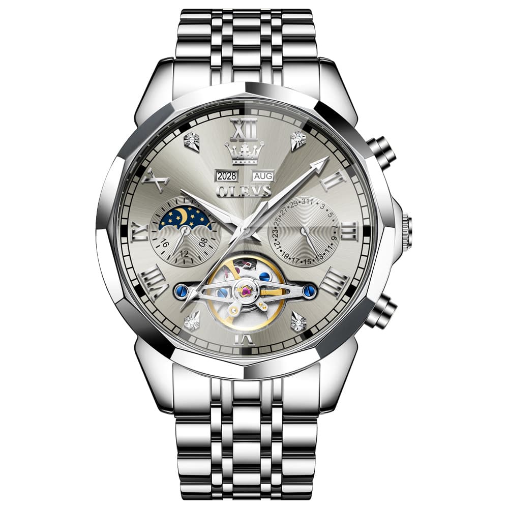 OLEVS 6620 Skeleton Moon Phase Mechanical Watch for Men - Silver Gray Watch | Olevs Watch Store