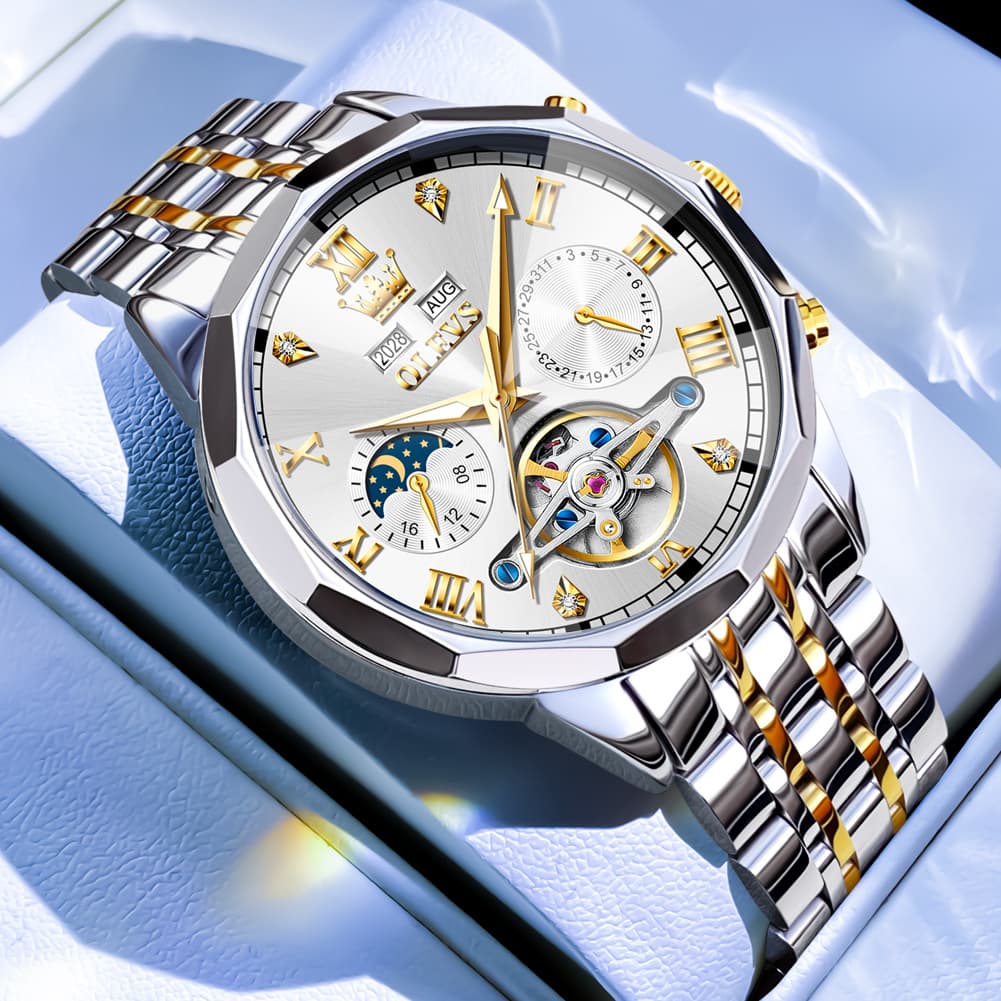 OLEVS 6620 Skeleton Moon Phase Mechanical Watch for Men - Silver White Watch | Olevs Watch Store