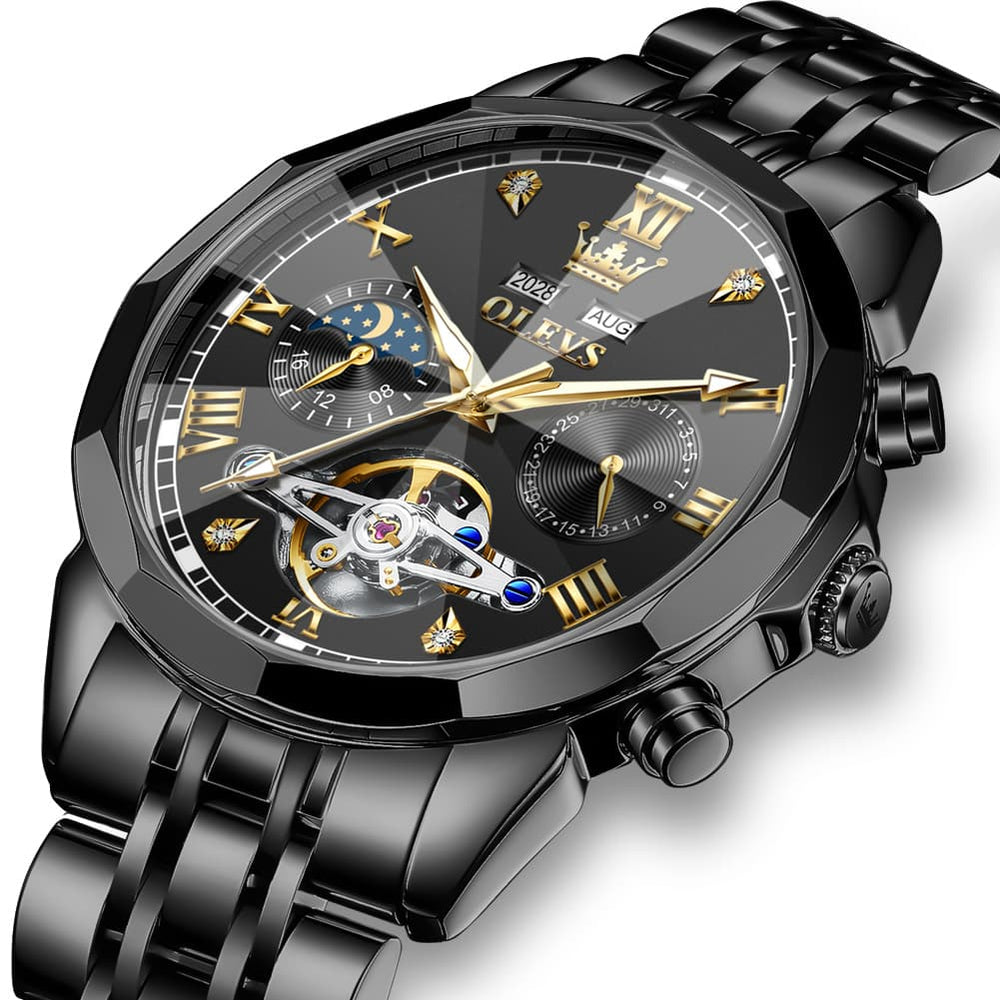 OLEVS 6620 Skeleton Moon Phase Mechanical Watch for Men - Silver White Watch | Olevs Watch Store