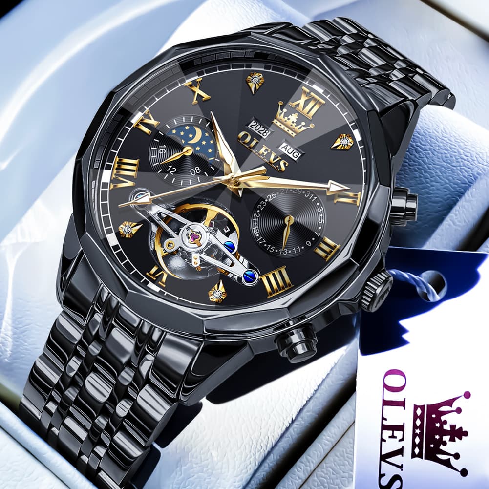 OLEVS 6620 Skeleton Moon Phase Mechanical Watch for Men - Silver White Watch | Olevs Watch Store