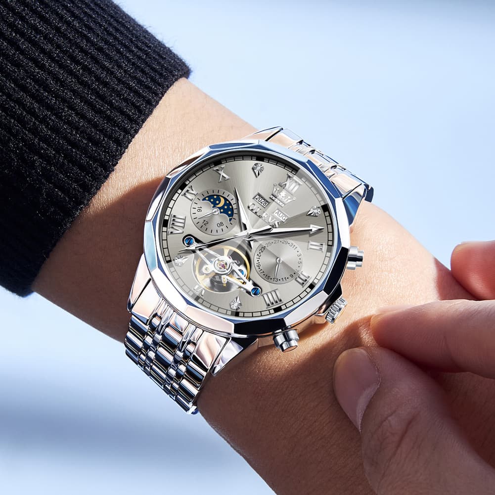 OLEVS 6620 Skeleton Moon Phase Mechanical Watch for Men - Silver White Watch | Olevs Watch Store
