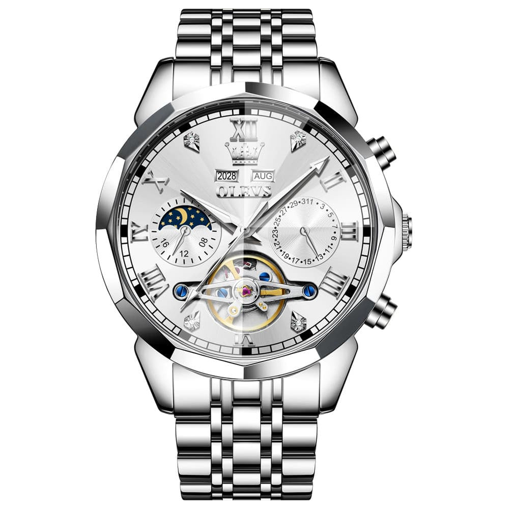 OLEVS 6620 Skeleton Moon Phase Mechanical Watch for Men - Silver White Watch | Olevs Watch Store