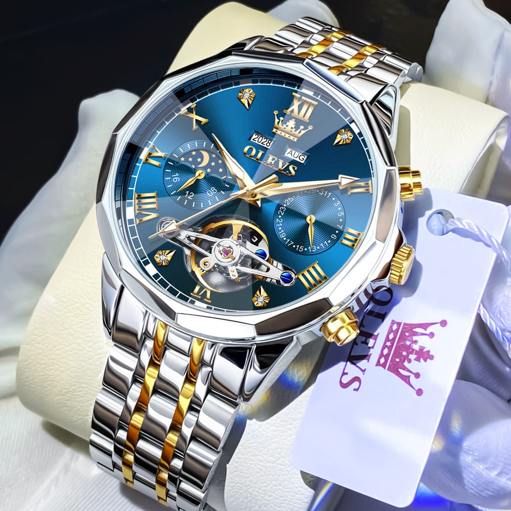 OLEVS 6620 Skeleton Moon Phase Mechanical Watch for Men - Silver White Watch | Olevs Watch Store