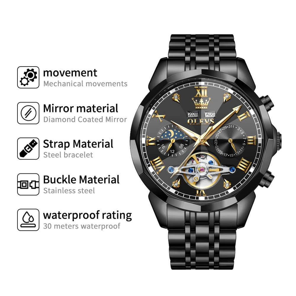 OLEVS 6620 Skeleton Moon Phase Mechanical Watch for Men - Silver White Watch | Olevs Watch Store
