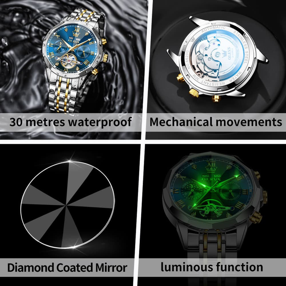 OLEVS 6620 Skeleton Moon Phase Mechanical Watch for Men - Silver White Watch | Olevs Watch Store