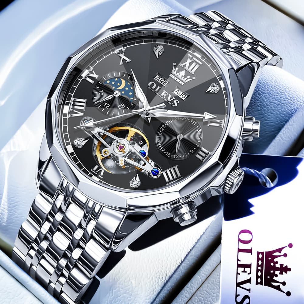 OLEVS 6620 Skeleton Moon Phase Mechanical Watch for Men - Silver White Watch | Olevs Watch Store
