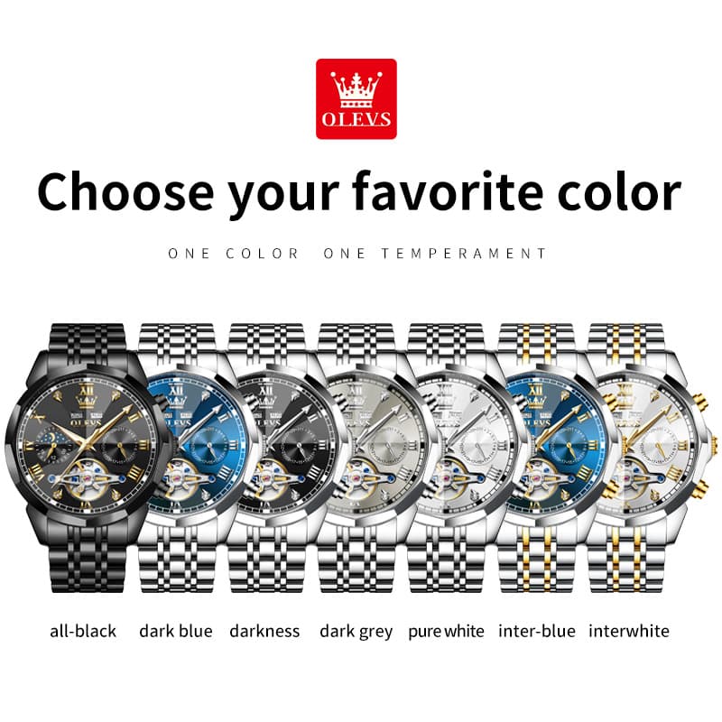 OLEVS 6620 Skeleton Moon Phase Mechanical Watch for Men - Silver White Watch | Olevs Watch Store
