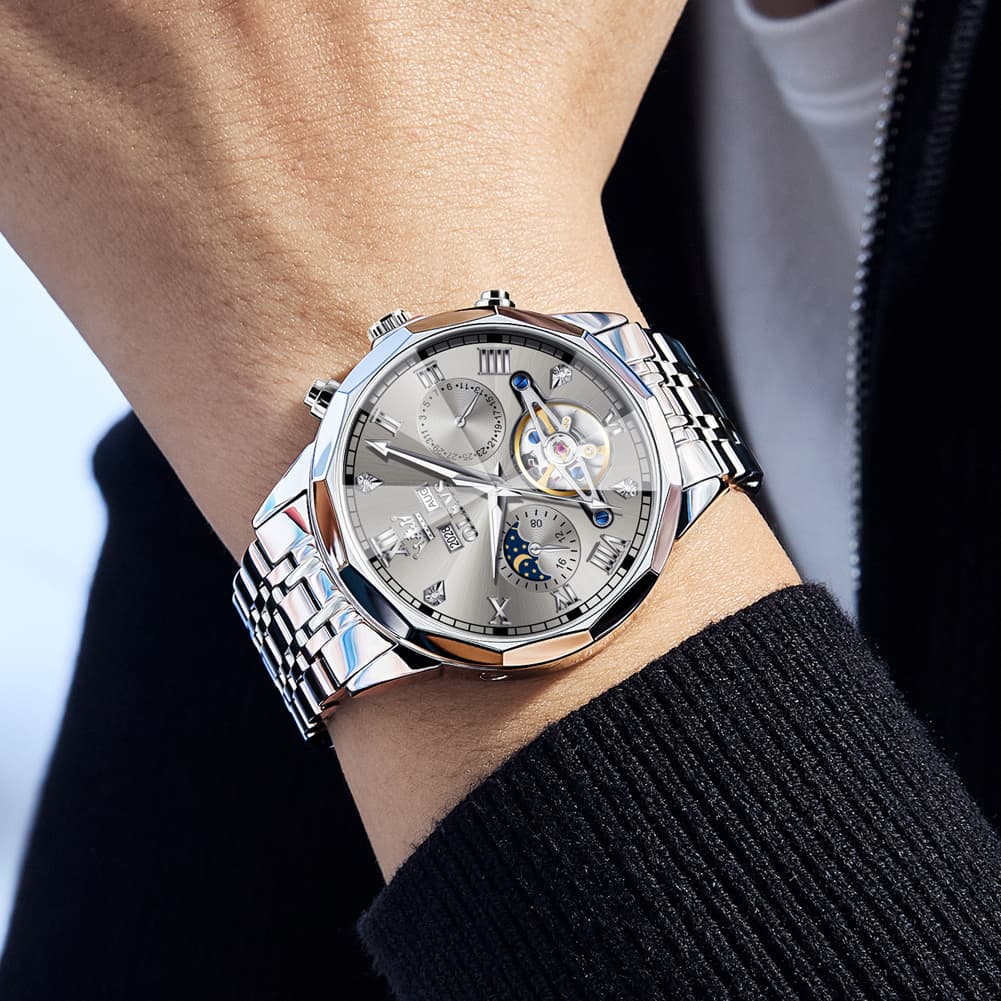 OLEVS 6620 Skeleton Moon Phase Mechanical Watch for Men - Silver White Watch | Olevs Watch Store