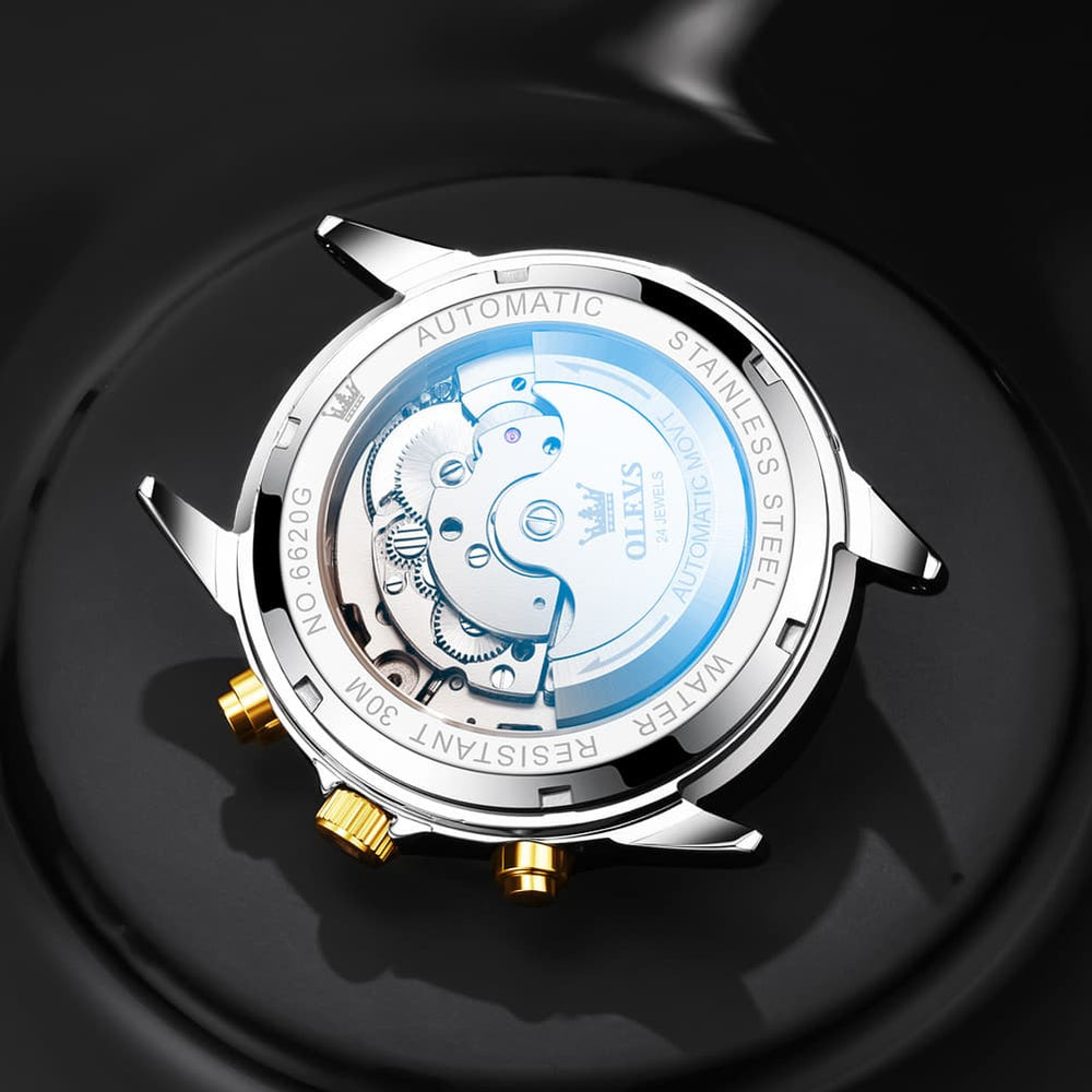 OLEVS 6620 Skeleton Moon Phase Mechanical Watch for Men - Silver White Watch | Olevs Watch Store