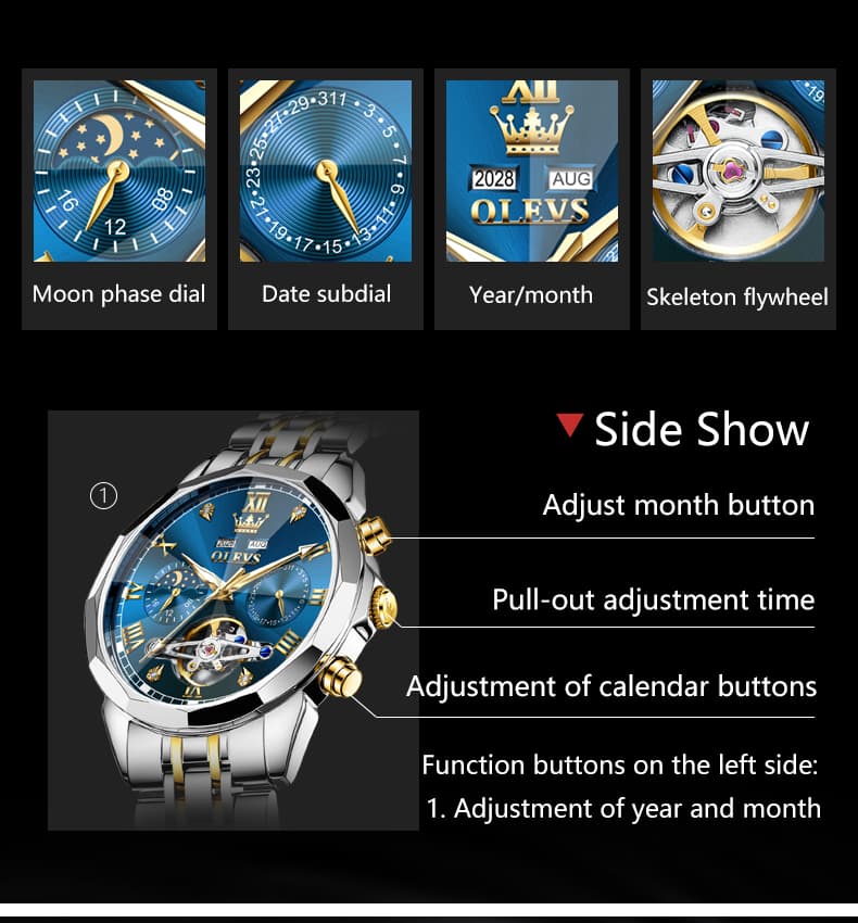 OLEVS 6620 Skeleton Moon Phase Mechanical Watch for Men - Silver White Watch | Olevs Watch Store