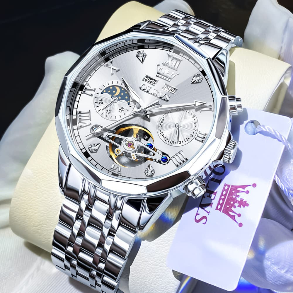 OLEVS 6620 Skeleton Moon Phase Mechanical Watch for Men - Silver White Watch | Olevs Watch Store