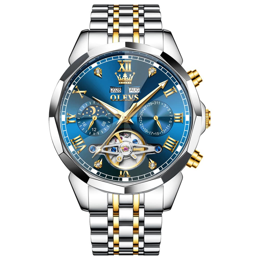 OLEVS 6620 Skeleton Moon Phase Mechanical Watch for Men - Two Tone Blue Watch | Olevs Watch Store
