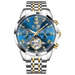 OLEVS 6620 Skeleton Moon Phase Mechanical Watch for Men - Two Tone Blue Watch | Olevs Watch Store