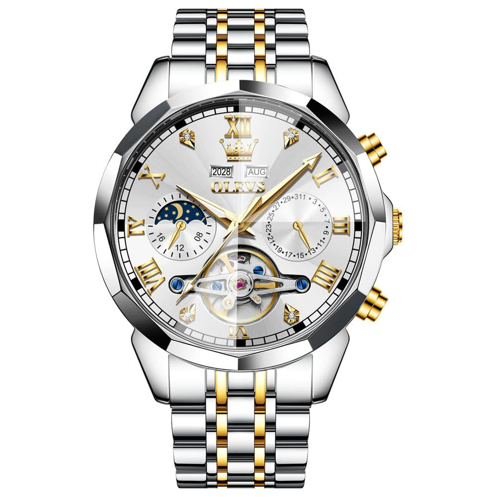OLEVS 6620 Skeleton Moon Phase Mechanical Watch for Men - Two Tone White Watch | Olevs Watch Store