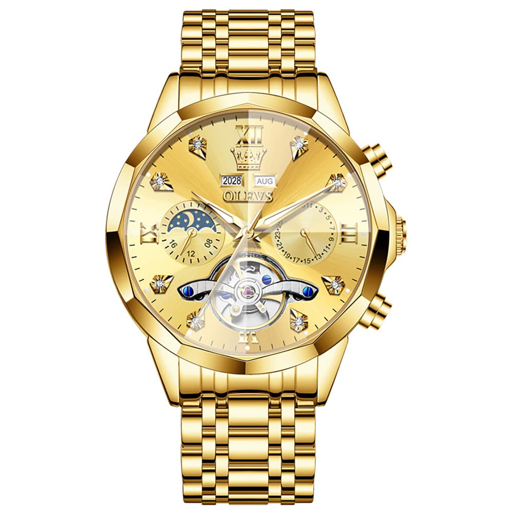 OLEVS 6621 3D Faceted Mirror Mechanical Watch for Men - All Gold Watch | Olevs Watch Store
