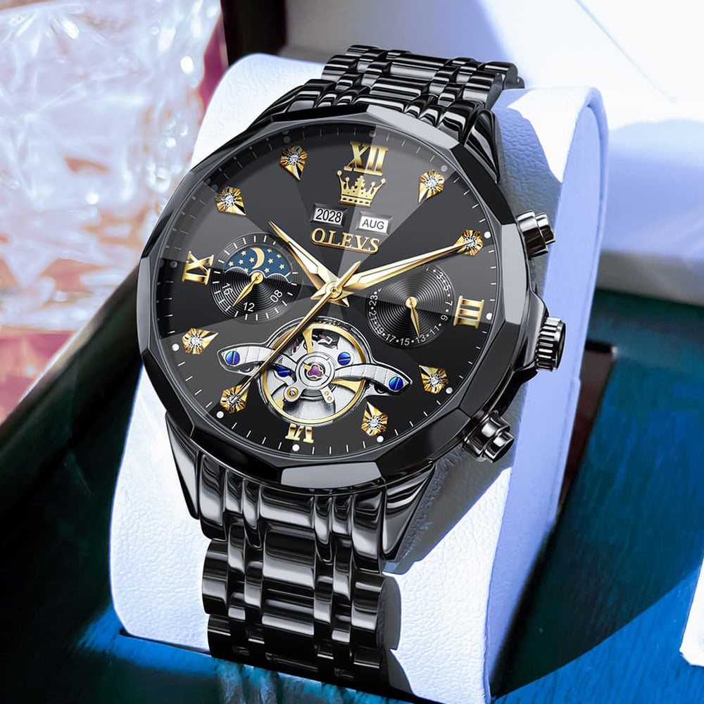 OLEVS 6621 3D Faceted Mirror Mechanical Watch for Men - Silver Black Watch | Olevs Watch Store