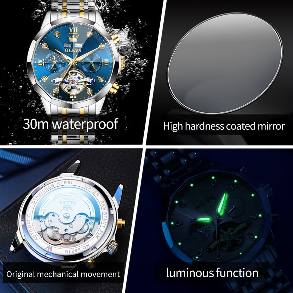 OLEVS 6621 3D Faceted Mirror Mechanical Watch for Men - Silver Black Watch | Olevs Watch Store