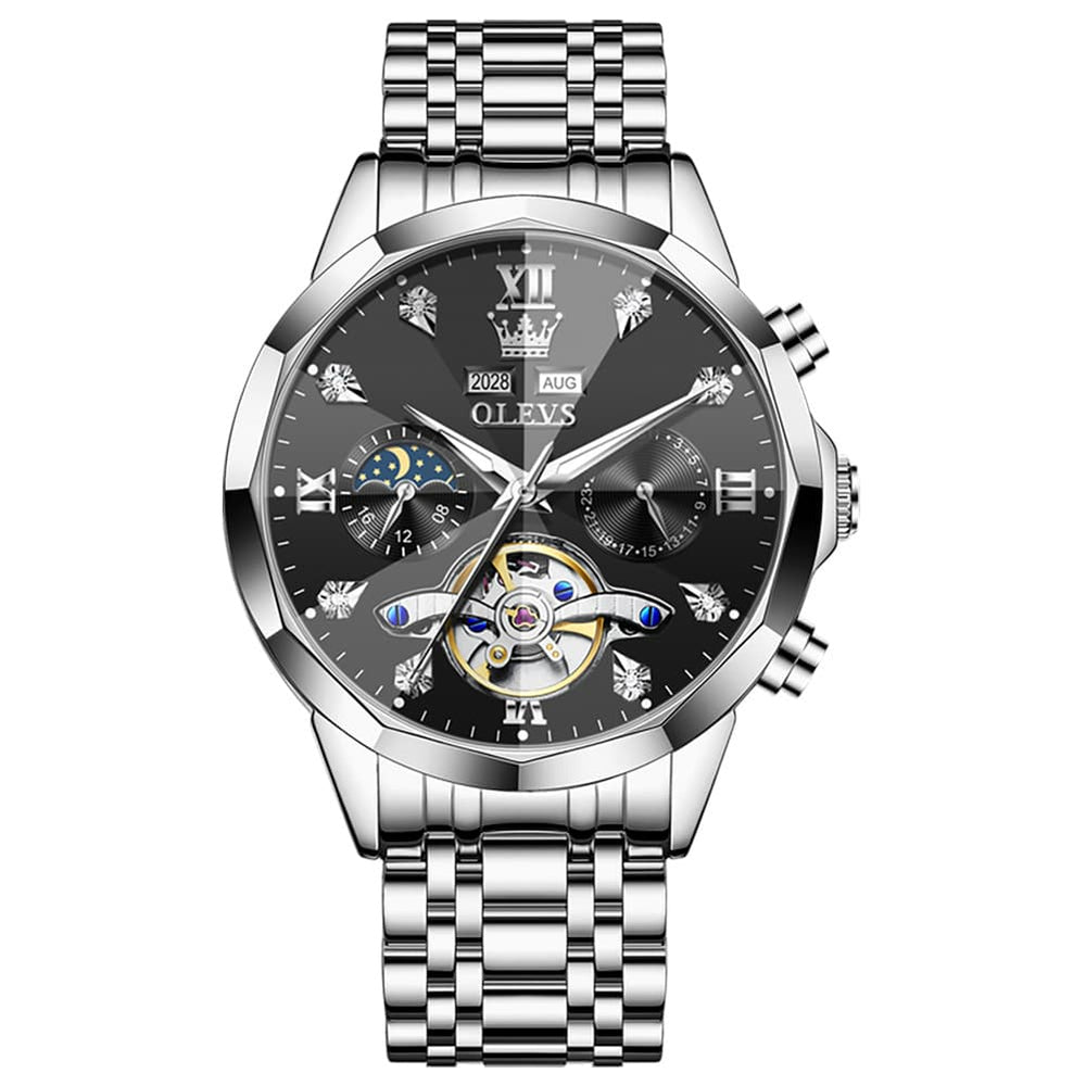 OLEVS 6621 3D Faceted Mirror Mechanical Watch for Men - Silver Black Watch | Olevs Watch Store