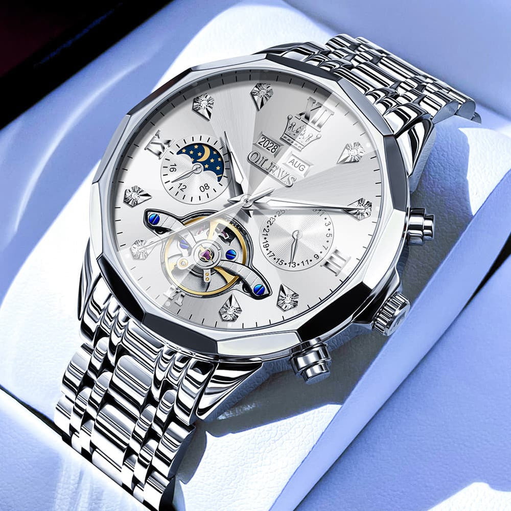 OLEVS 6621 3D Faceted Mirror Mechanical Watch for Men - Silver Black Watch | Olevs Watch Store