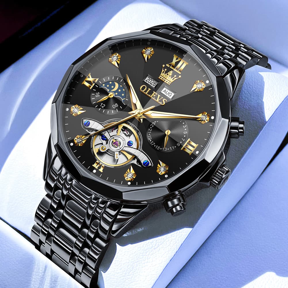 OLEVS 6621 3D Faceted Mirror Mechanical Watch for Men - Silver Black Watch | Olevs Watch Store