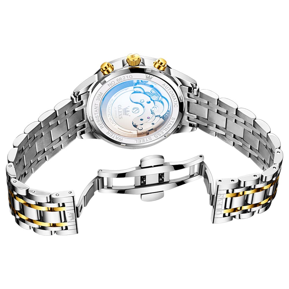 OLEVS 6621 3D Faceted Mirror Mechanical Watch for Men - Silver Black Watch | Olevs Watch Store