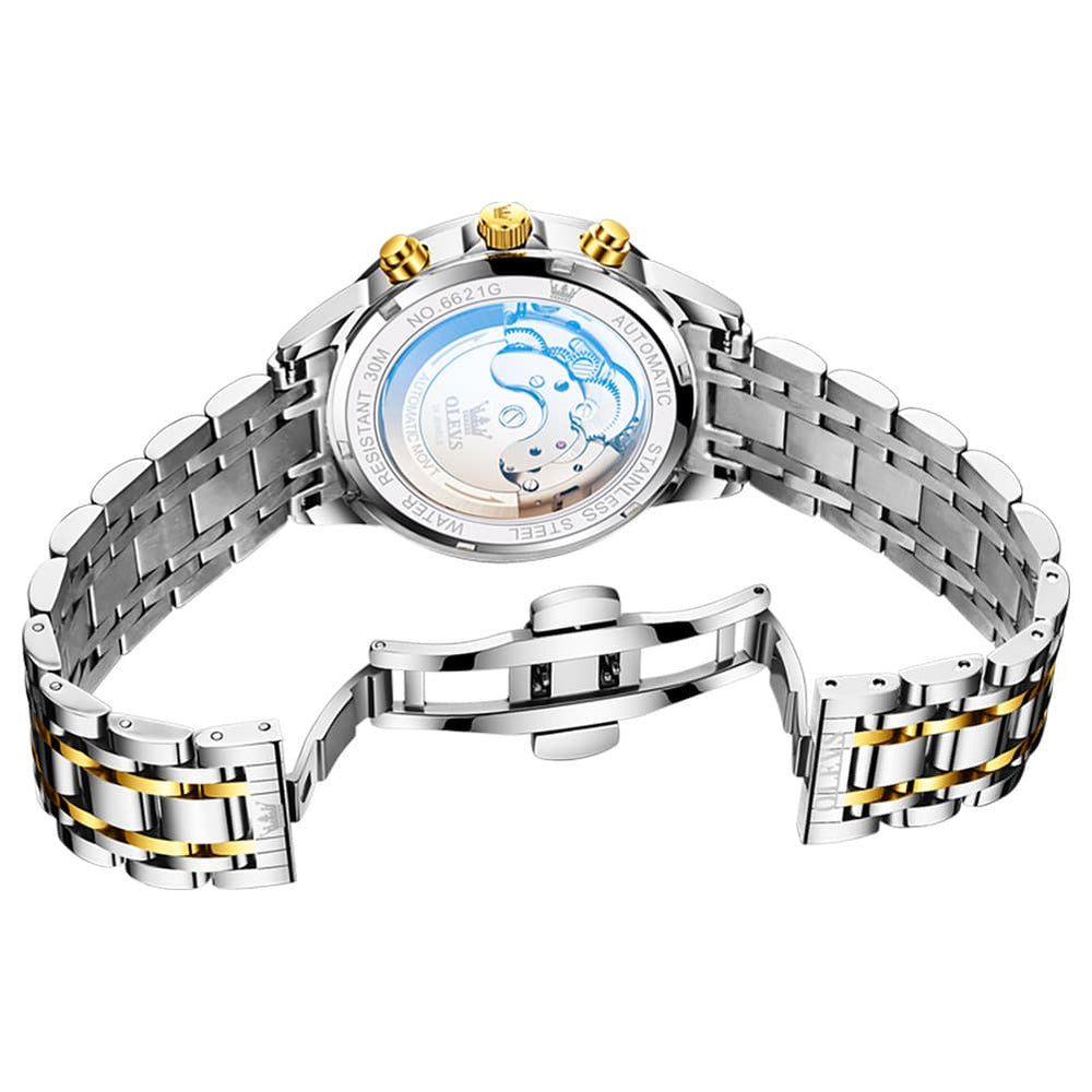 OLEVS 6621 3D Faceted Mirror Mechanical Watch for Men - Silver Black Watch | Olevs Watch Store