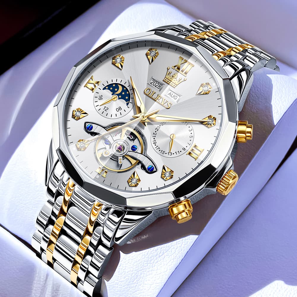 OLEVS 6621 3D Faceted Mirror Mechanical Watch for Men - Silver Black Watch | Olevs Watch Store