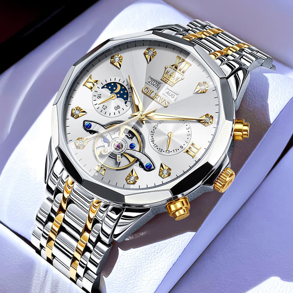 OLEVS 6621 3D Faceted Mirror Mechanical Watch for Men - Silver Black Watch | Olevs Watch Store