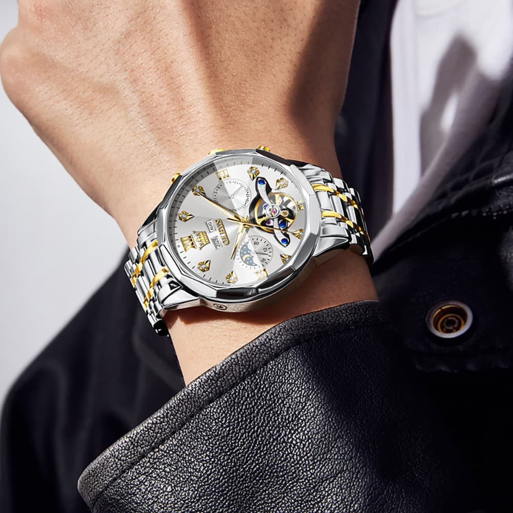 OLEVS 6621 3D Faceted Mirror Mechanical Watch for Men - Silver Black Watch | Olevs Watch Store
