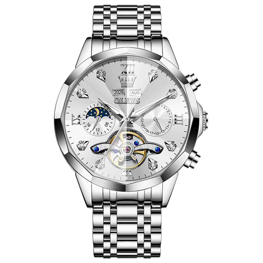 OLEVS 6621 3D Faceted Mirror Mechanical Watch for Men - Silver White Watch | Olevs Watch Store