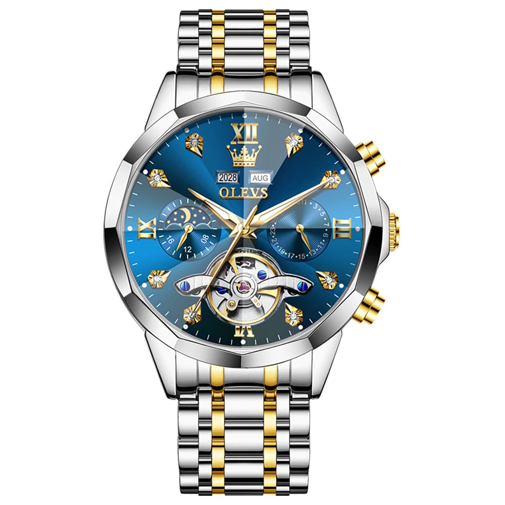 OLEVS 6621 3D Faceted Mirror Mechanical Watch for Men - Two Tone Blue Watch | Olevs Watch Store