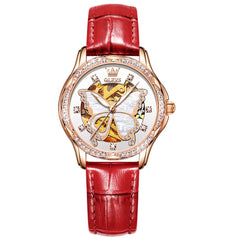 OLEVS 6622 Butterfly Skeleton Mechanical Watch for Women - Red Leather Watch | Olevs Watch Store