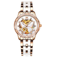 OLEVS 6622 Butterfly Skeleton Mechanical Watch for Women - White Ceramic Watch | Olevs Watch Store