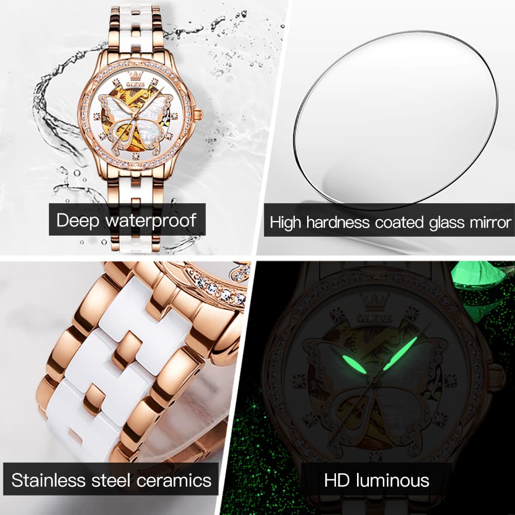 OLEVS 6622 Butterfly Skeleton Mechanical Watch for Women - White Leather Watch | Olevs Watch Store