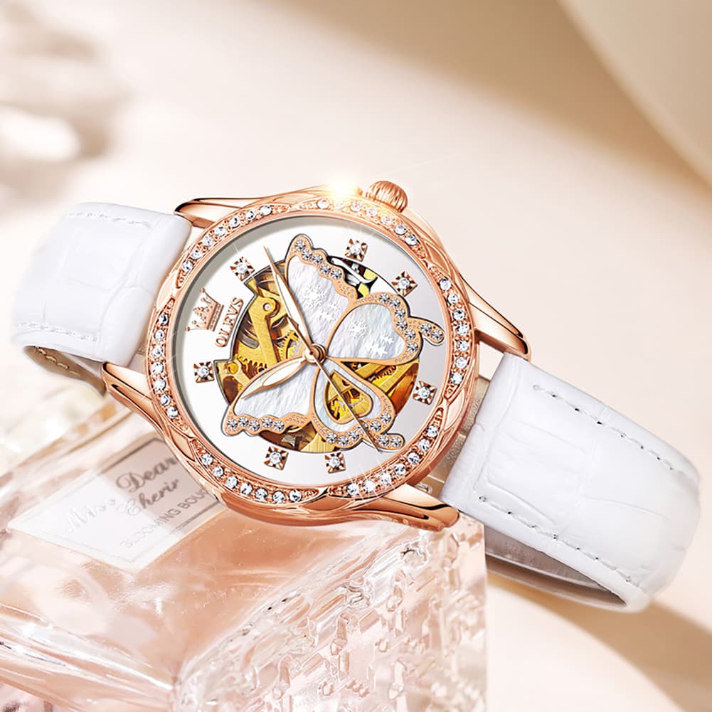 OLEVS 6622 Butterfly Skeleton Mechanical Watch for Women - White Leather Watch | Olevs Watch Store
