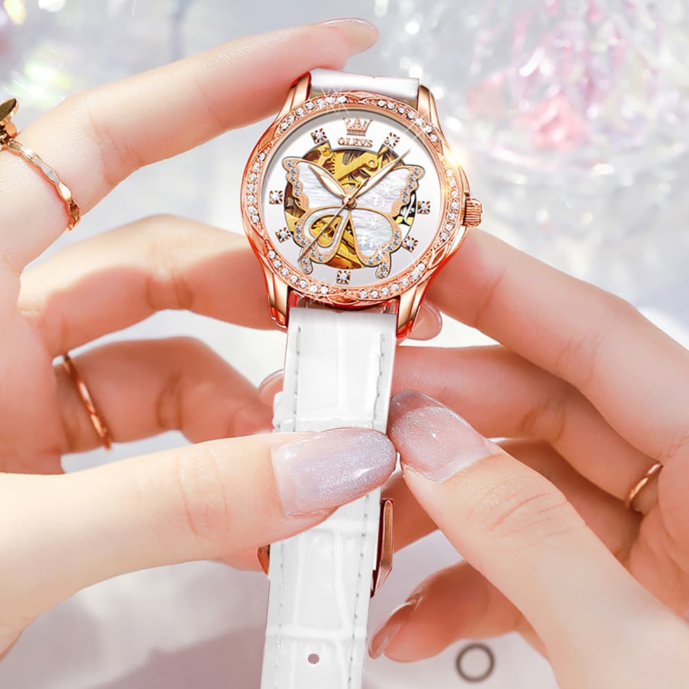 OLEVS 6622 Butterfly Skeleton Mechanical Watch for Women - White Leather Watch | Olevs Watch Store
