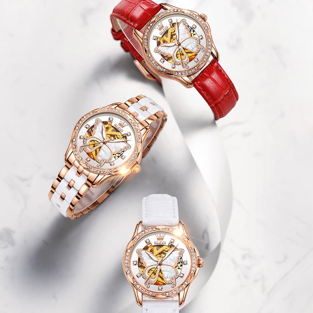 OLEVS 6622 Butterfly Skeleton Mechanical Watch for Women - White Leather Watch | Olevs Watch Store