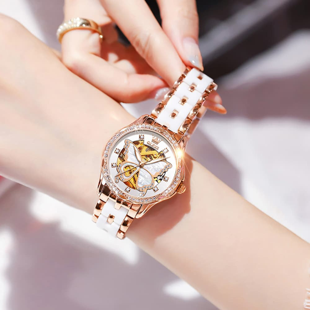 OLEVS 6622 Butterfly Skeleton Mechanical Watch for Women - White Leather Watch | Olevs Watch Store