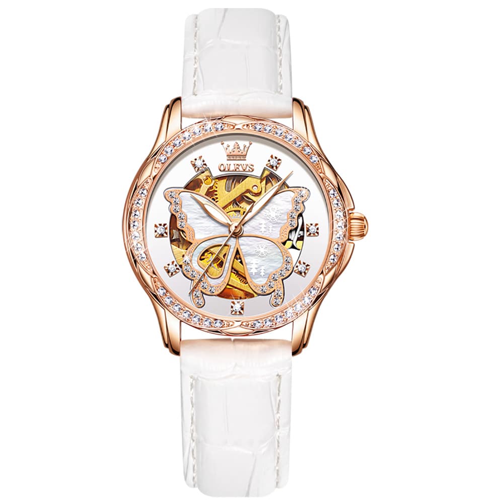 OLEVS 6622 Butterfly Skeleton Mechanical Watch for Women - White Leather Watch | Olevs Watch Store